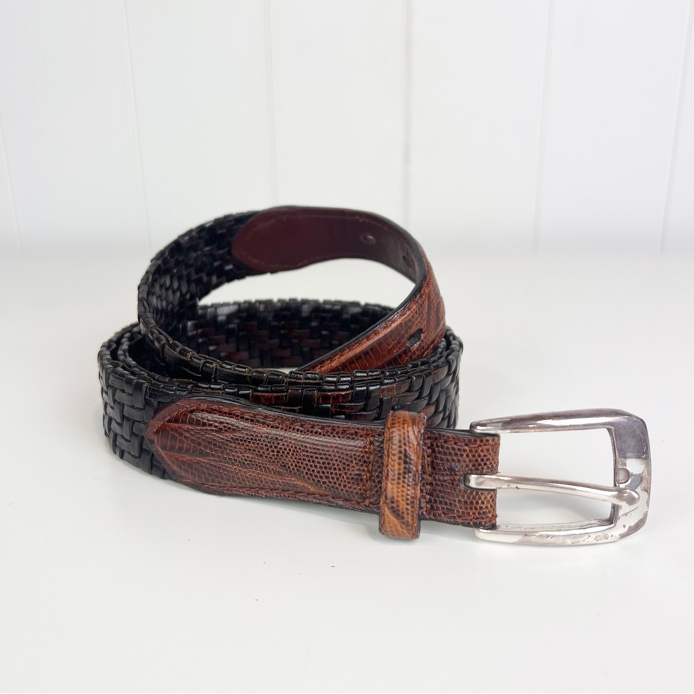 Brighton Mens Black and Brown Leather Woven Belt Silver Buckle Size 40